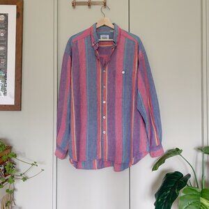 IOU Men's 90s Vintage Denim Striped Button-Up Shirt 100% Cotton Size Large